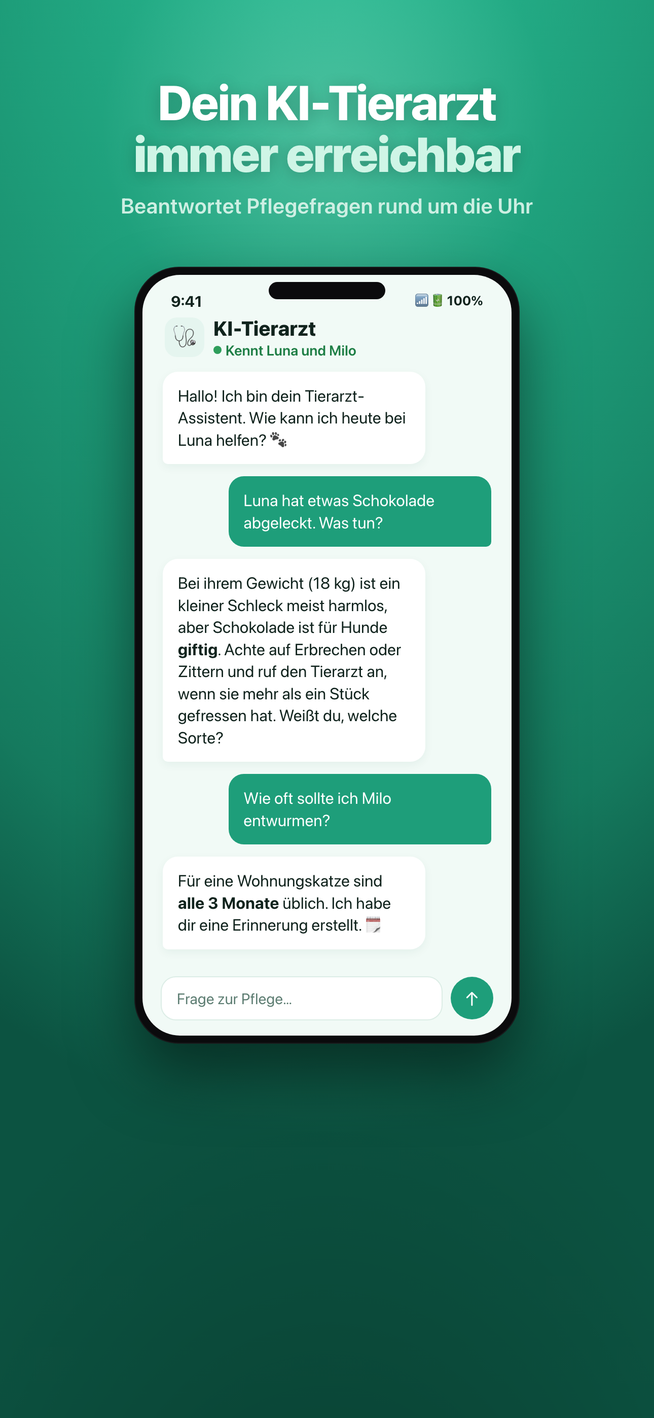 Mascotia-Premium-Bildschirm mit dem KI-Tierarzt-Coach-Chat