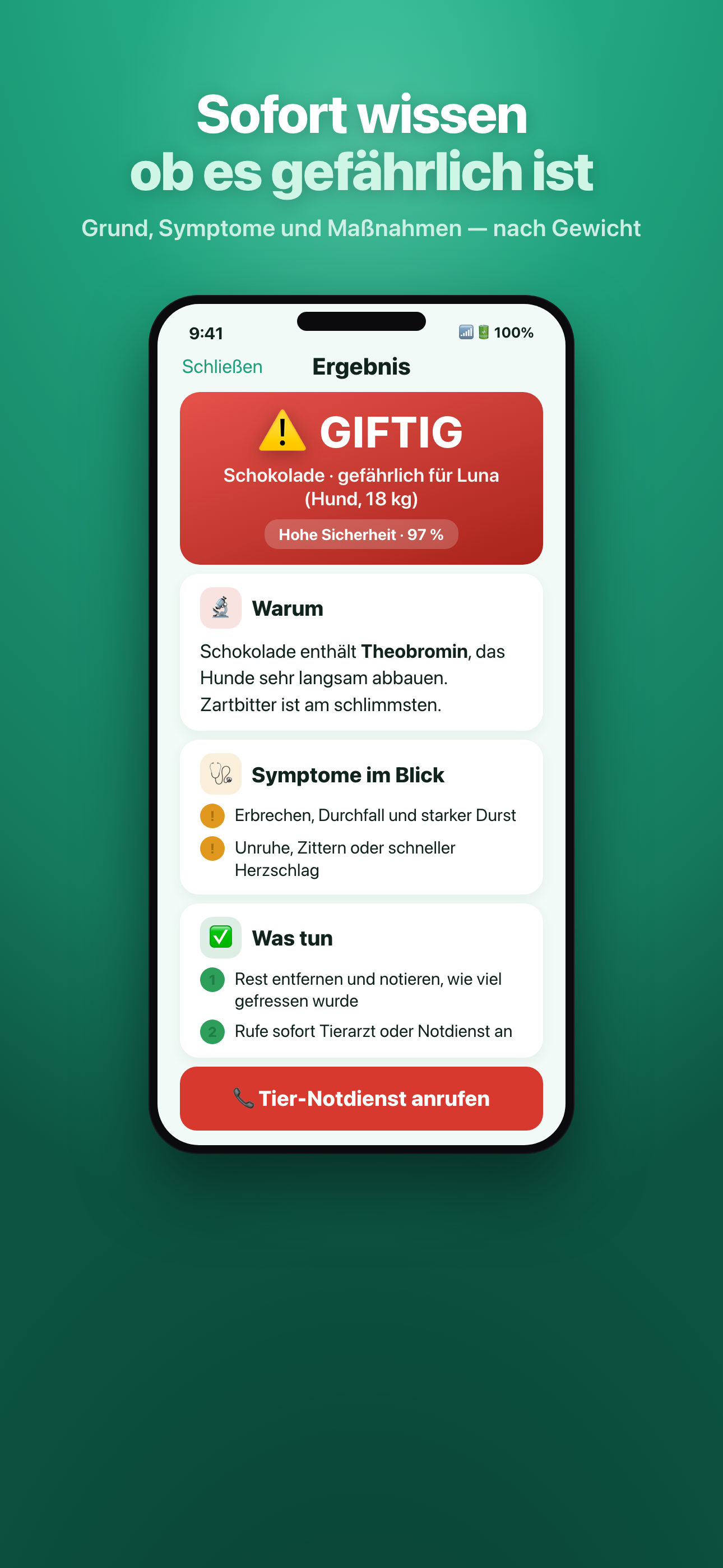Mascotia-Sicherheitsurteil mit Symptomen und Handlungsempfehlung