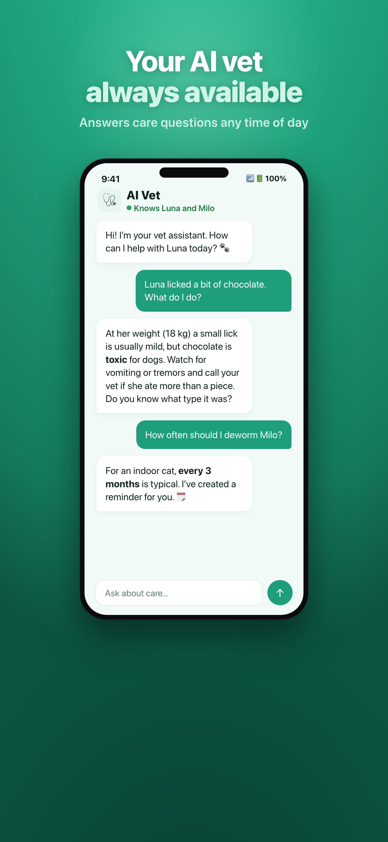 Mascotia AI vet coach answering a question