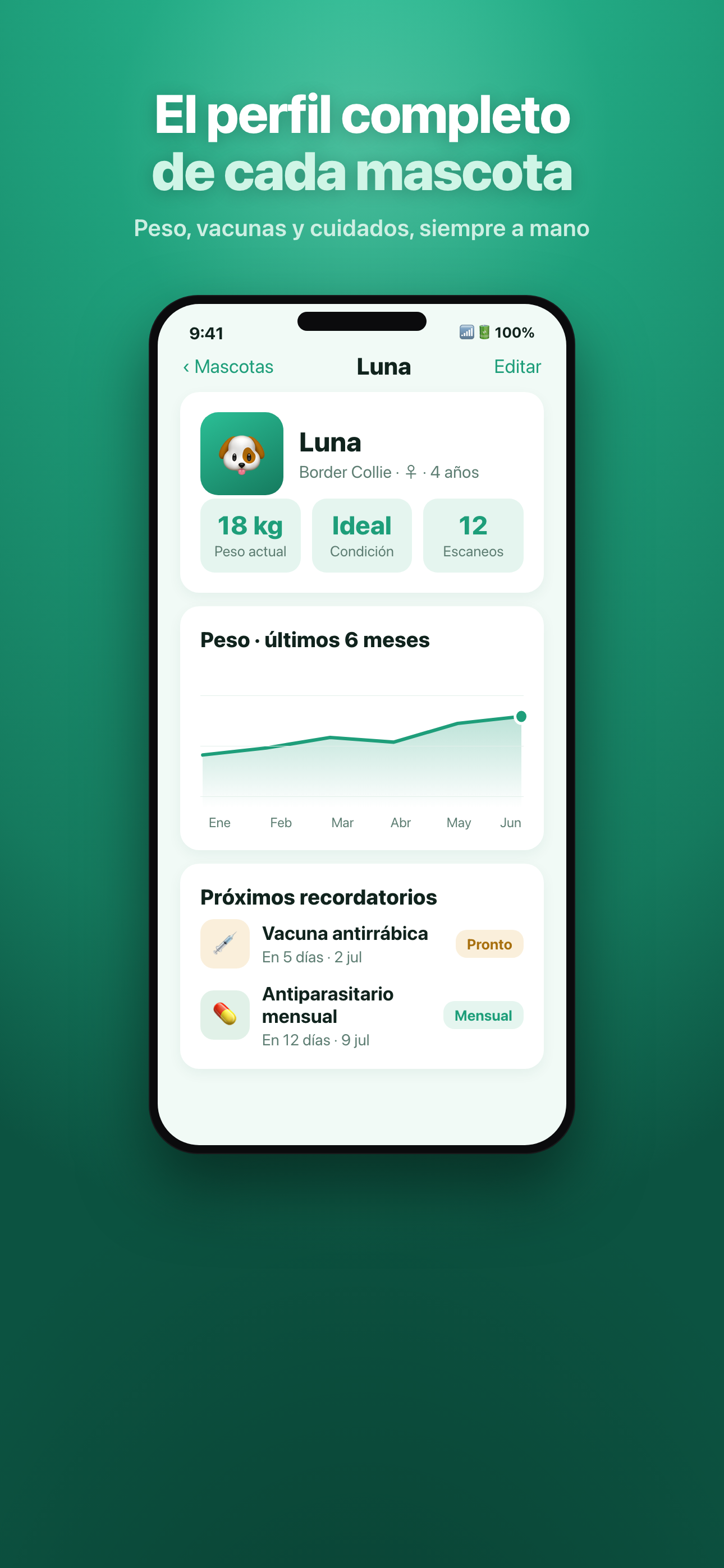 Recordatorios de cuidado de Mascotia para vacunas y medicación