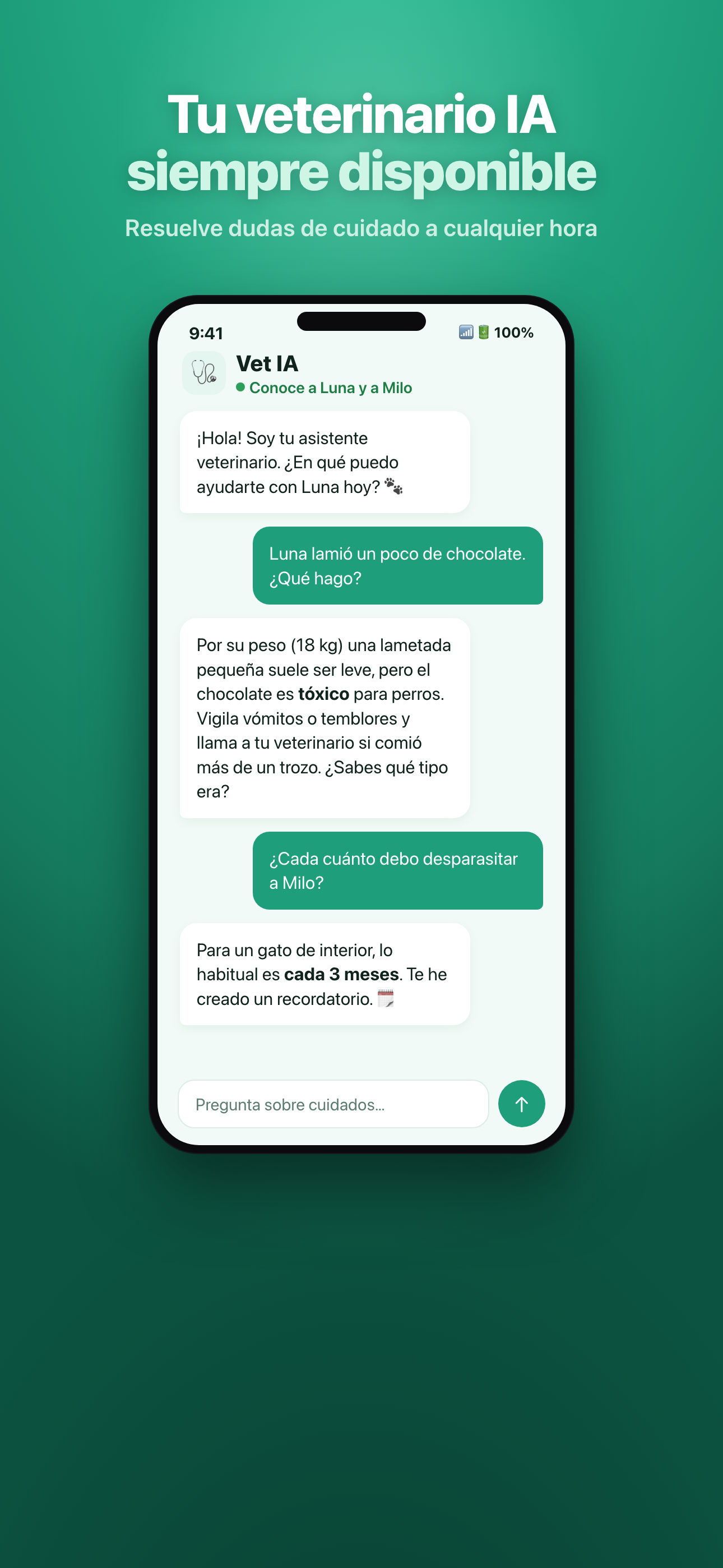 Pantalla de Mascotia Premium con la conversación del coach veterinario con IA