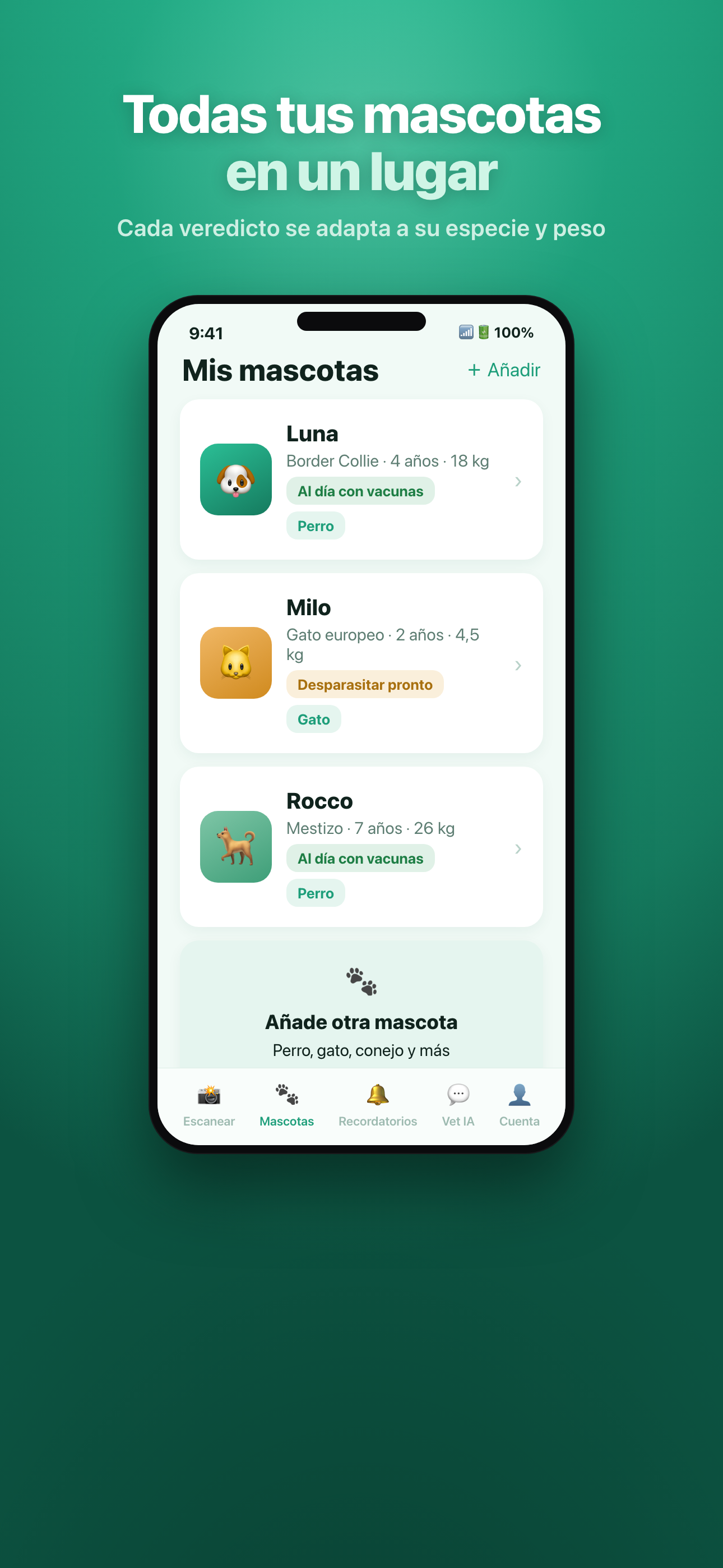 Colección de mascotas de Mascotia con su historial