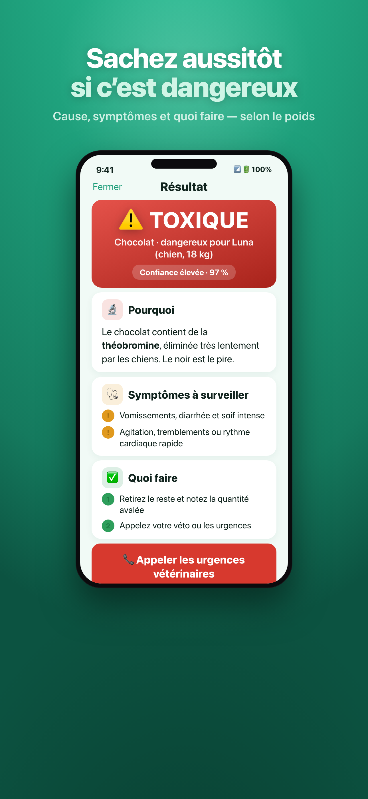 Verdict de sécurité Mascotia avec symptômes et conduite à tenir