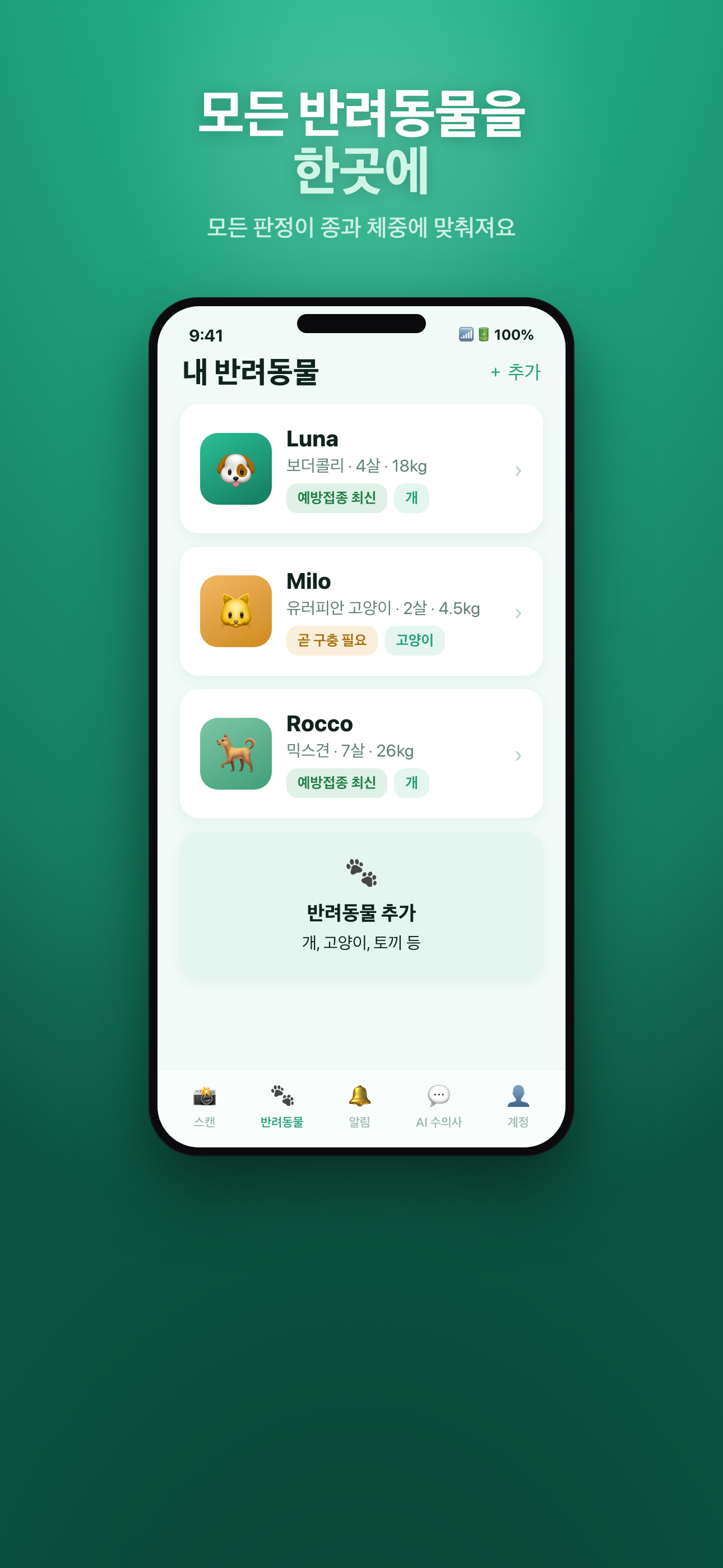 반려동물 프로필과 이력이 있는 Mascotia 반려동물 컬렉션 화면