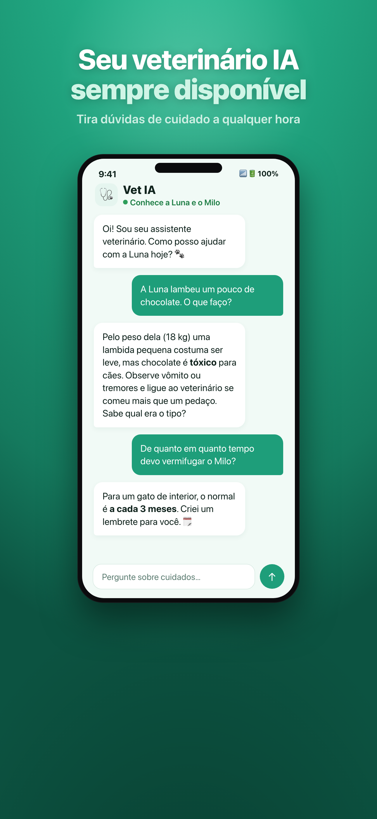 Coach veterinário com IA do Mascotia respondendo a uma consulta